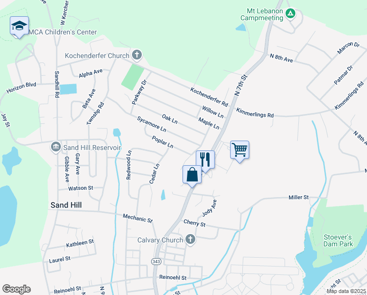 map of restaurants, bars, coffee shops, grocery stores, and more near 901 Poplar Lane in Lebanon