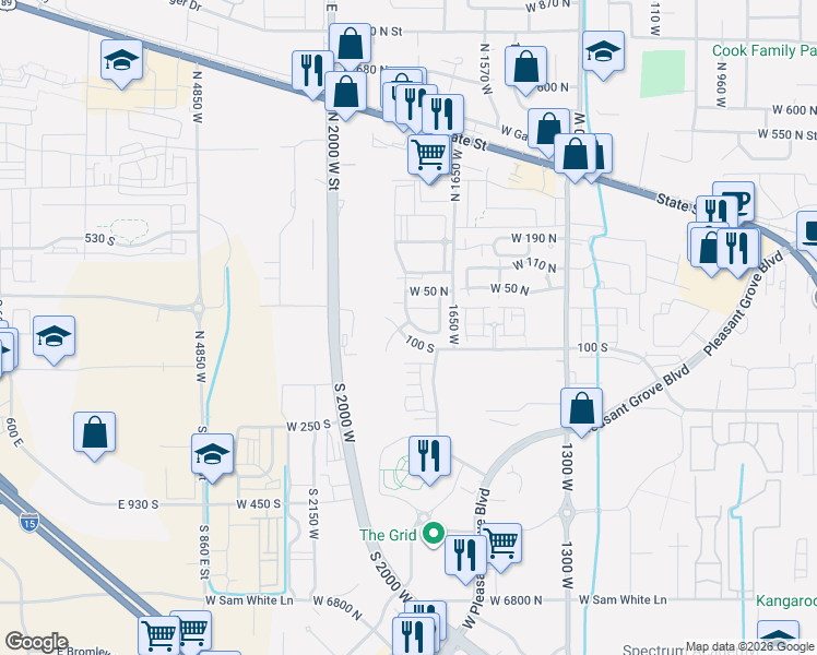 map of restaurants, bars, coffee shops, grocery stores, and more near 1791 West 60 South in Pleasant Grove
