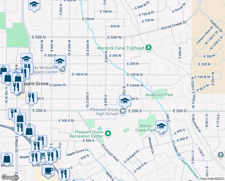 map of restaurants, bars, coffee shops, grocery stores, and more near 642 East Center Street in Pleasant Grove