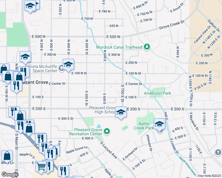 map of restaurants, bars, coffee shops, grocery stores, and more near 642 East Center Street in Pleasant Grove