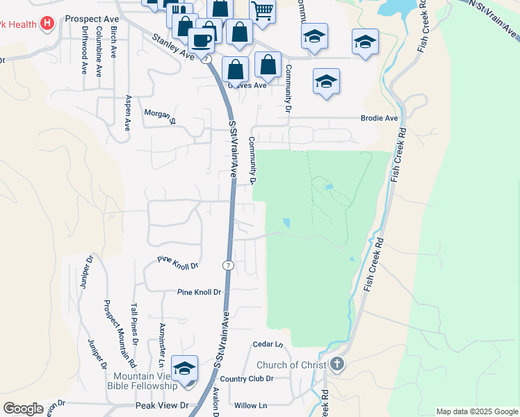map of restaurants, bars, coffee shops, grocery stores, and more near 1006 South Saint Vrain Avenue in Estes Park