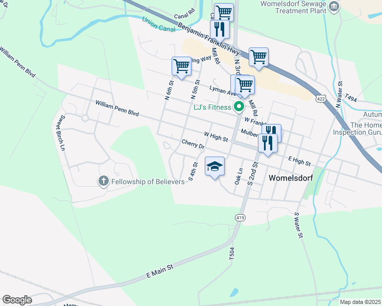 map of restaurants, bars, coffee shops, grocery stores, and more near 407 Washington Blvd in Womelsdorf