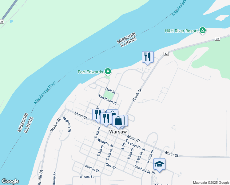 map of restaurants, bars, coffee shops, grocery stores, and more near 399 Polk Street in Warsaw