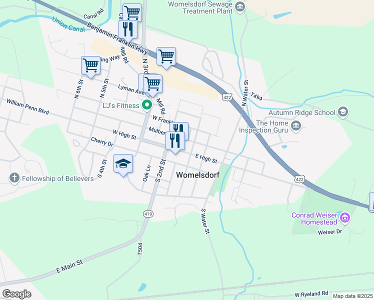 map of restaurants, bars, coffee shops, grocery stores, and more near 107 West High Street in Womelsdorf