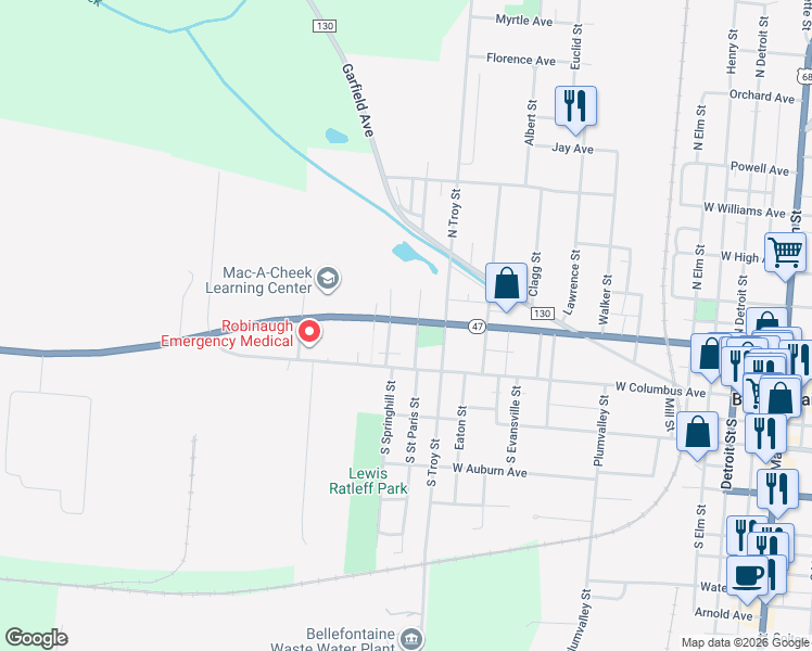 map of restaurants, bars, coffee shops, grocery stores, and more near 1005 West Sandusky Avenue in Bellefontaine