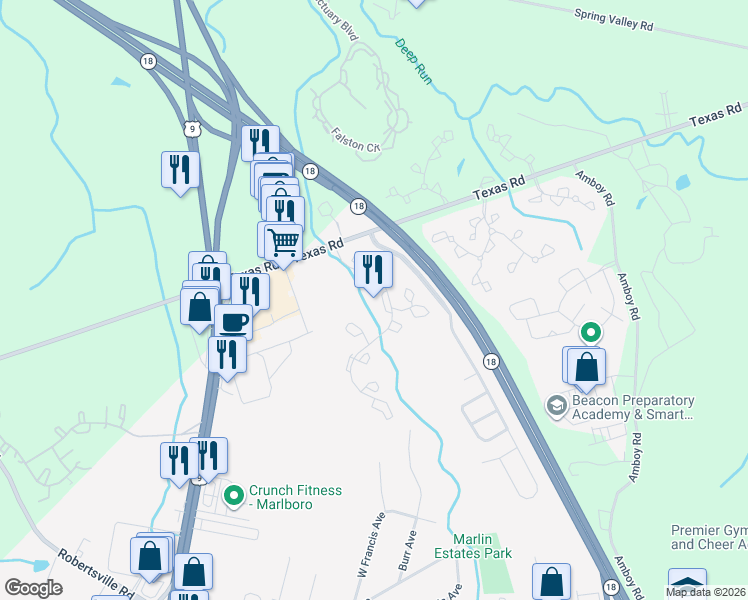 map of restaurants, bars, coffee shops, grocery stores, and more near 422 Indigo Court in Marlboro Township
