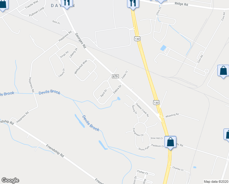 map of restaurants, bars, coffee shops, grocery stores, and more near 9 Debra Drive in South Brunswick Township