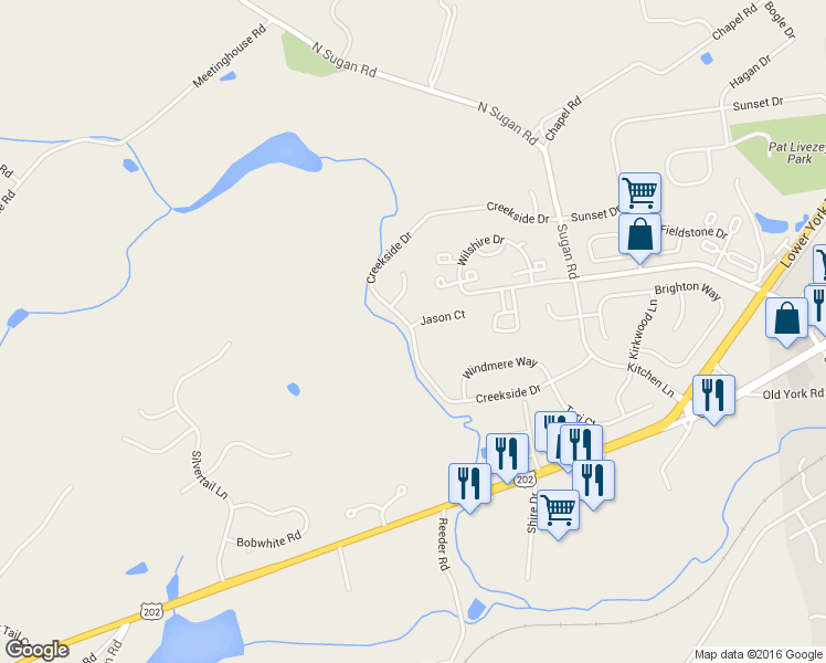 map of restaurants, bars, coffee shops, grocery stores, and more near Creekside Drive in New Hope