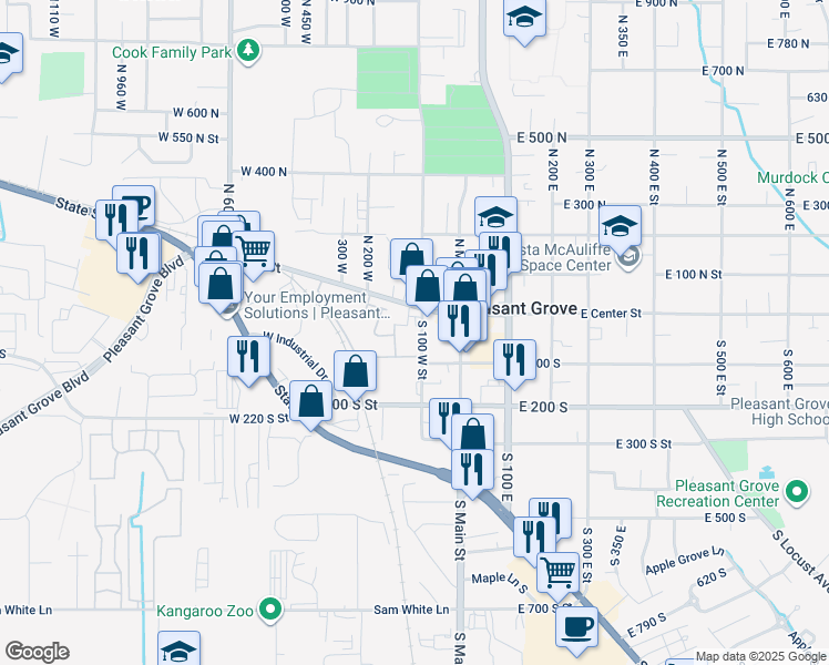 map of restaurants, bars, coffee shops, grocery stores, and more near 38 100 West in Pleasant Grove