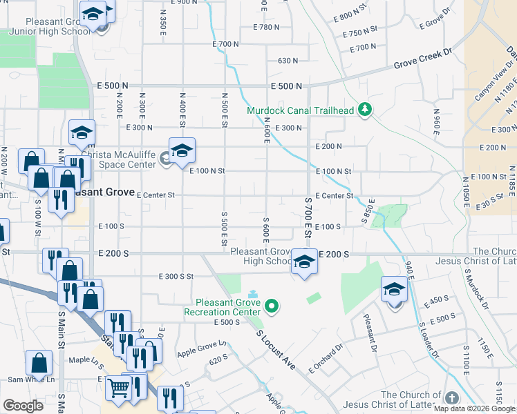 map of restaurants, bars, coffee shops, grocery stores, and more near 572 East Center Street in Pleasant Grove