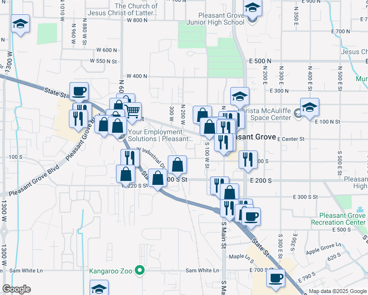 map of restaurants, bars, coffee shops, grocery stores, and more near 158 Thornberry Way in Pleasant Grove