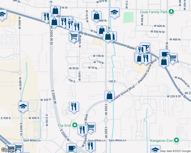 map of restaurants, bars, coffee shops, grocery stores, and more near 36 South 1460 West in Pleasant Grove