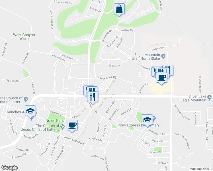 map of restaurants, bars, coffee shops, grocery stores, and more near 3671 East Quartz Creek Ln in Eagle Mountain