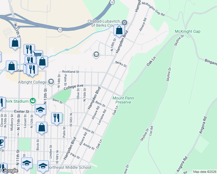 map of restaurants, bars, coffee shops, grocery stores, and more near 1916 Lorraine Road in Reading