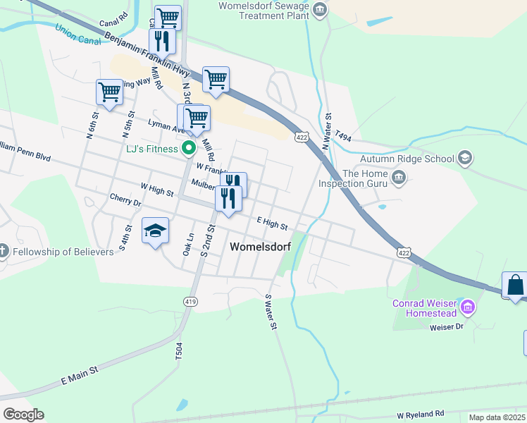 map of restaurants, bars, coffee shops, grocery stores, and more near 23 East High Street in Womelsdorf