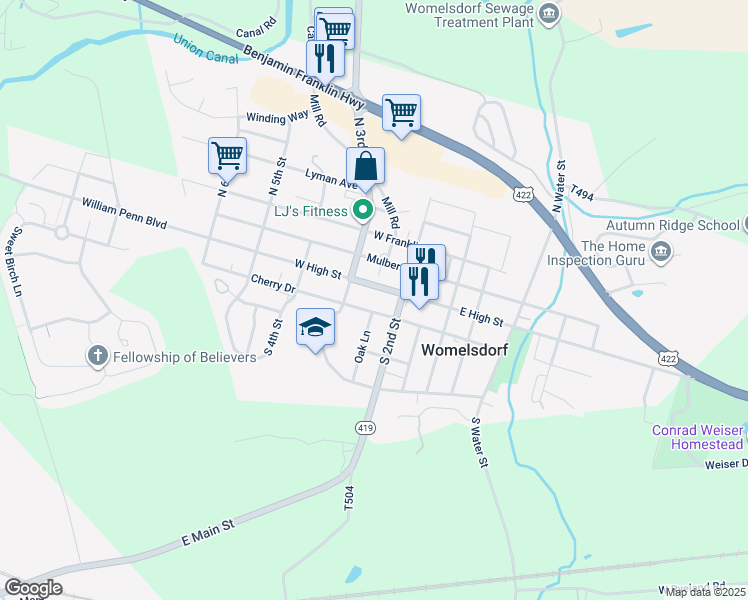map of restaurants, bars, coffee shops, grocery stores, and more near 232 West High Street in Womelsdorf