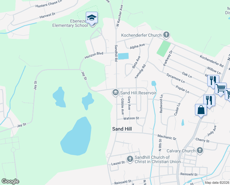 map of restaurants, bars, coffee shops, grocery stores, and more near 1425 Sandhill Road in Lebanon