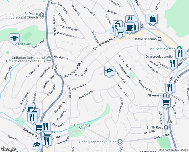 map of restaurants, bars, coffee shops, grocery stores, and more near 106 Hoodridge Drive in Pittsburgh