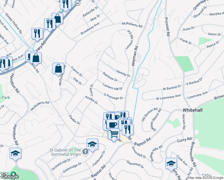 map of restaurants, bars, coffee shops, grocery stores, and more near 5128 Lantern Hill Drive in Pittsburgh