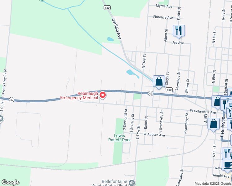 map of restaurants, bars, coffee shops, grocery stores, and more near 1121 West Sandusky Avenue in Bellefontaine