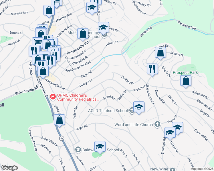 map of restaurants, bars, coffee shops, grocery stores, and more near 1209 Varner Road in Pittsburgh