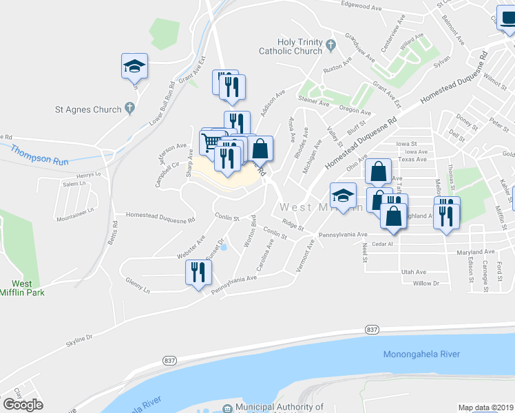 map of restaurants, bars, coffee shops, grocery stores, and more near 2124 Worton Boulevard in West Mifflin