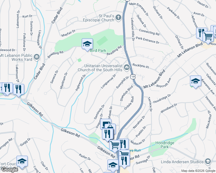 map of restaurants, bars, coffee shops, grocery stores, and more near 105 Longuevue Dr in Pittsburgh