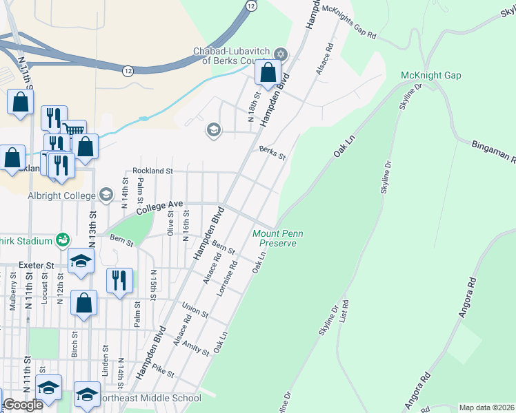 map of restaurants, bars, coffee shops, grocery stores, and more near 1916 Lorraine Road in Reading