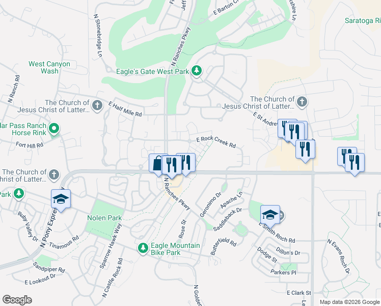 map of restaurants, bars, coffee shops, grocery stores, and more near 3607 East Sapphire Creek Lane in Eagle Mountain