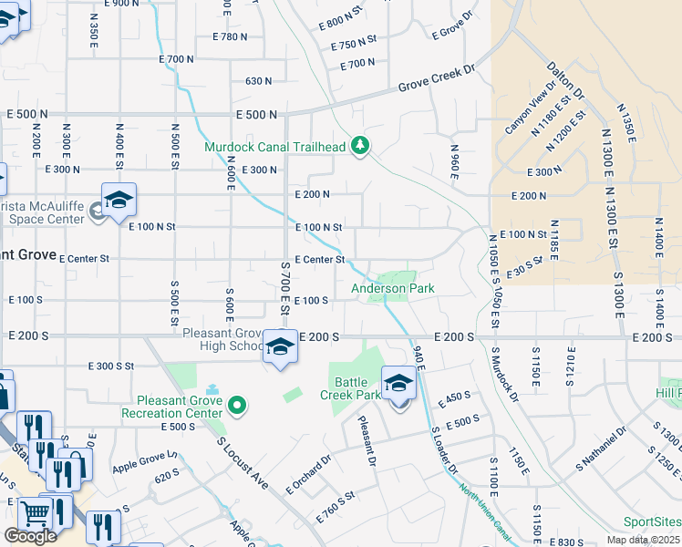 map of restaurants, bars, coffee shops, grocery stores, and more near 819 East 50 South in Pleasant Grove
