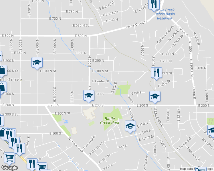 map of restaurants, bars, coffee shops, grocery stores, and more near 819 East 50 South in Pleasant Grove