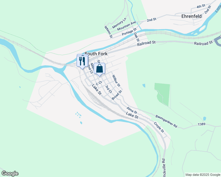 map of restaurants, bars, coffee shops, grocery stores, and more near 518 Grant Street in South Fork