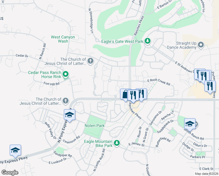map of restaurants, bars, coffee shops, grocery stores, and more near 8086 North Ridge Loop West in Eagle Mountain
