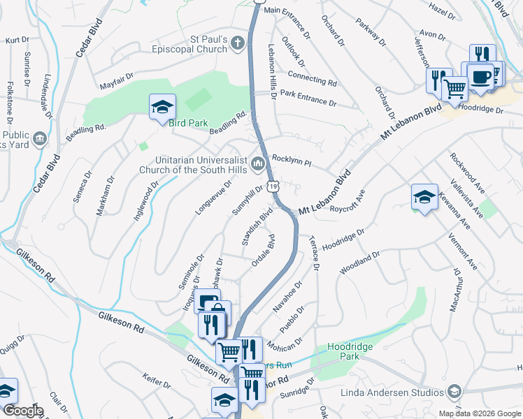 map of restaurants, bars, coffee shops, grocery stores, and more near 30 Standish Blvd in Pittsburgh
