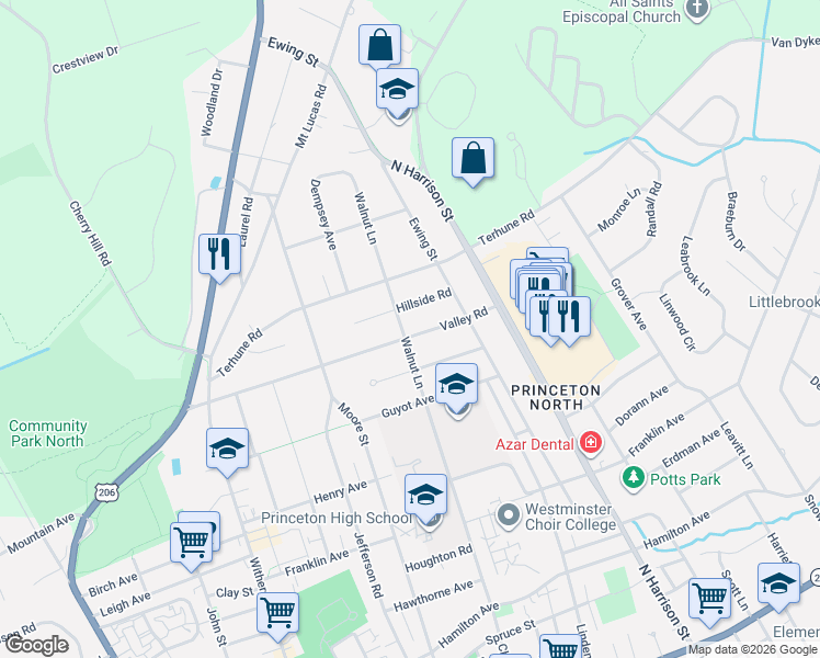 map of restaurants, bars, coffee shops, grocery stores, and more near 321 Walnut Lane in Princeton
