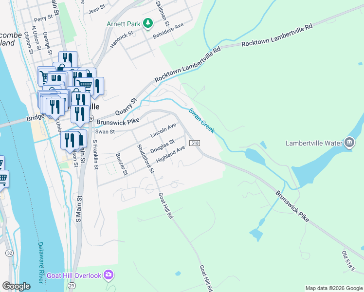 map of restaurants, bars, coffee shops, grocery stores, and more near 120 Highland Avenue in Lambertville