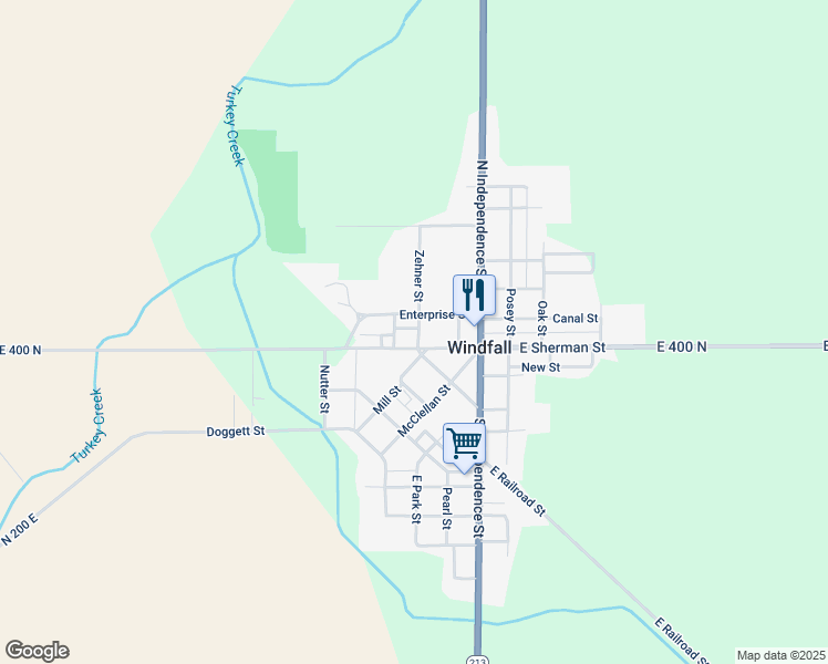 map of restaurants, bars, coffee shops, grocery stores, and more near 109 Zehner Street in Windfall