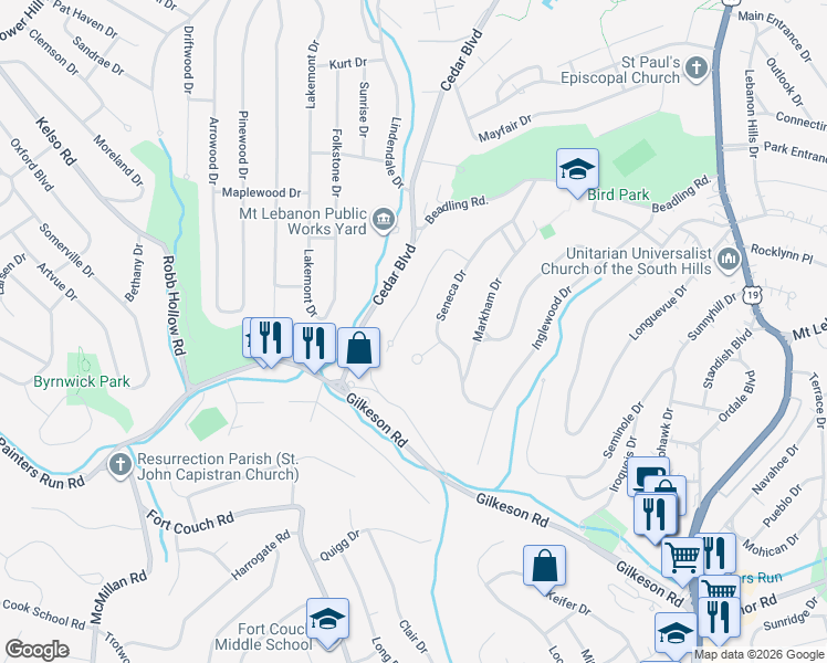 map of restaurants, bars, coffee shops, grocery stores, and more near 106 McConnells Mill Lane in Pittsburgh