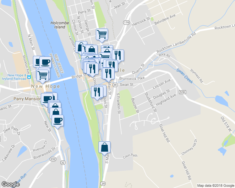 map of restaurants, bars, coffee shops, grocery stores, and more near 65E South Franklin Street in Lambertville