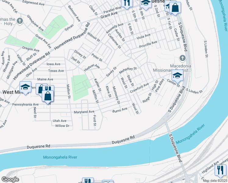 map of restaurants, bars, coffee shops, grocery stores, and more near 830 Monterey Street in Duquesne