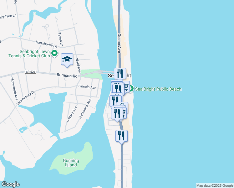 map of restaurants, bars, coffee shops, grocery stores, and more near 1052 Ocean Avenue in Sea Bright