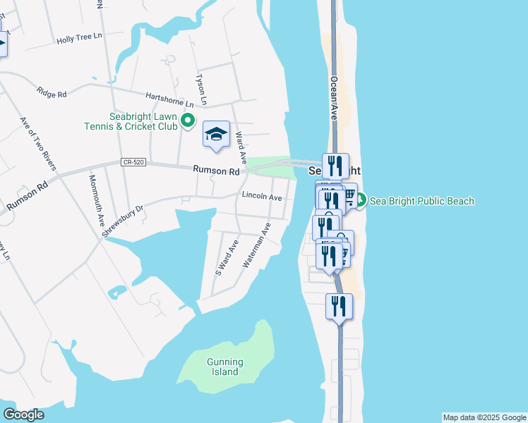 map of restaurants, bars, coffee shops, grocery stores, and more near 14 Washington Avenue in Rumson