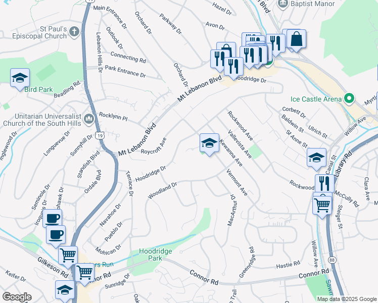 map of restaurants, bars, coffee shops, grocery stores, and more near 612 Vermont Avenue in Pittsburgh