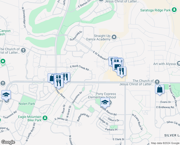 map of restaurants, bars, coffee shops, grocery stores, and more near 3826 East Rock Creek Road in Eagle Mountain