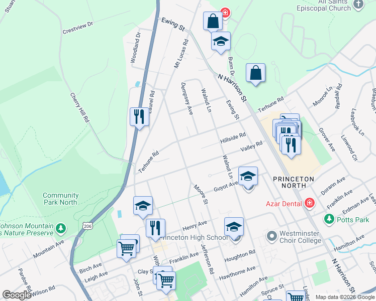 map of restaurants, bars, coffee shops, grocery stores, and more near 297 Jefferson Road in Princeton