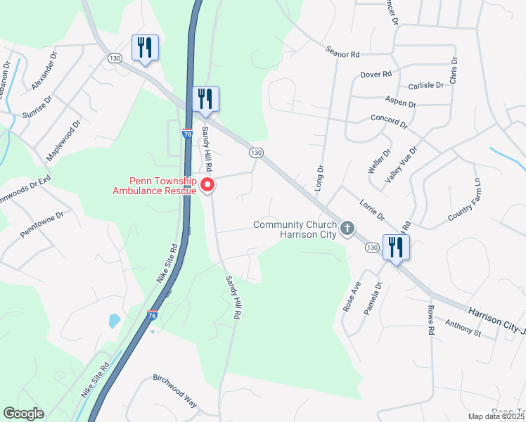 map of restaurants, bars, coffee shops, grocery stores, and more near 335 Country View Drive in Irwin