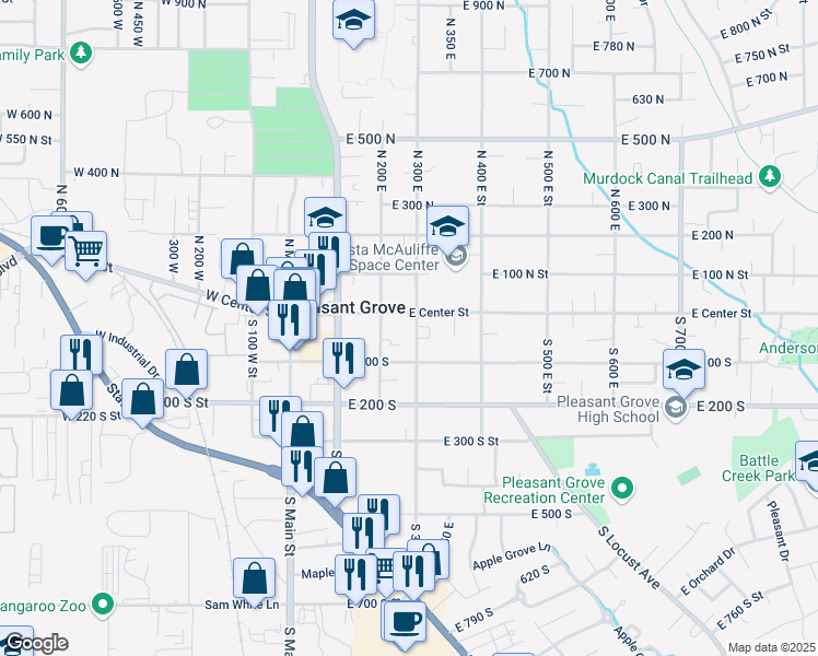 map of restaurants, bars, coffee shops, grocery stores, and more near 30 South 300 East Street in Pleasant Grove