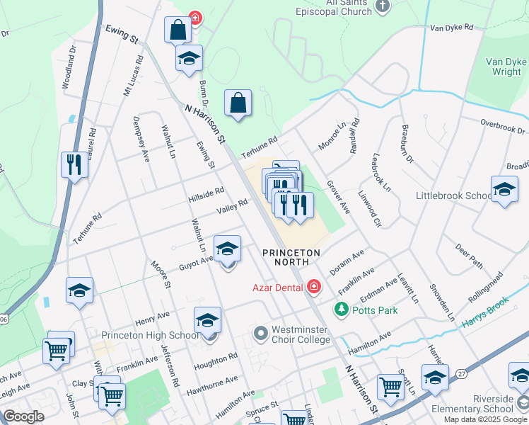 map of restaurants, bars, coffee shops, grocery stores, and more near 275 North Harrison Street in Princeton
