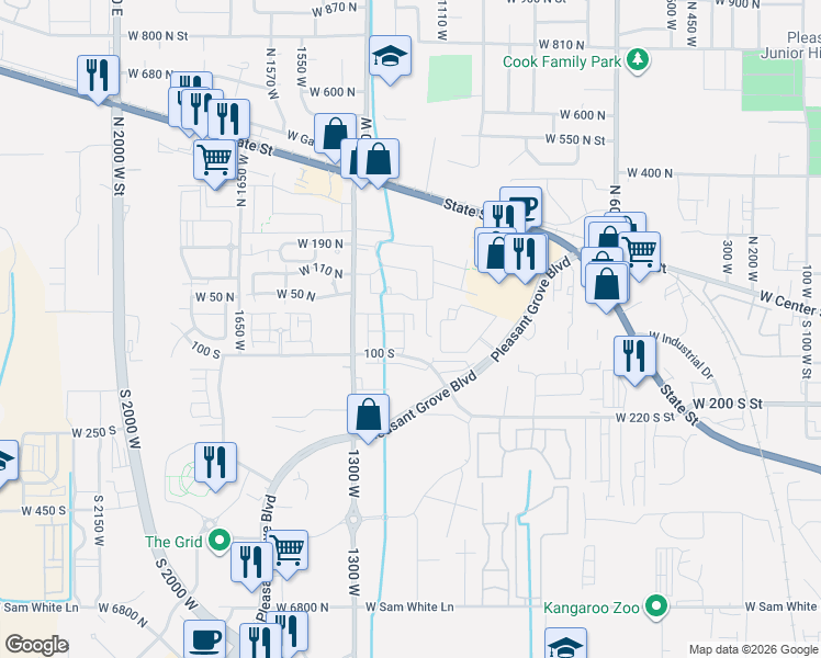 map of restaurants, bars, coffee shops, grocery stores, and more near 24 Clayton Court in Pleasant Grove