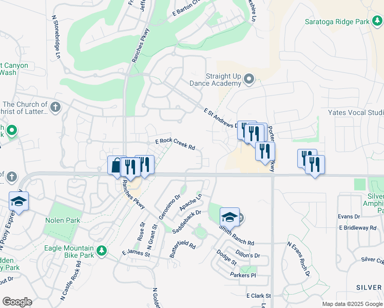 map of restaurants, bars, coffee shops, grocery stores, and more near 3826 East Rock Creek Road in Eagle Mountain